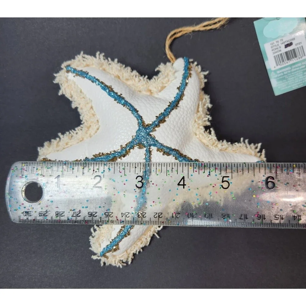 St Nicholas Square Starfish Ornament White Faux Leather Blue Glitter Fringed 6